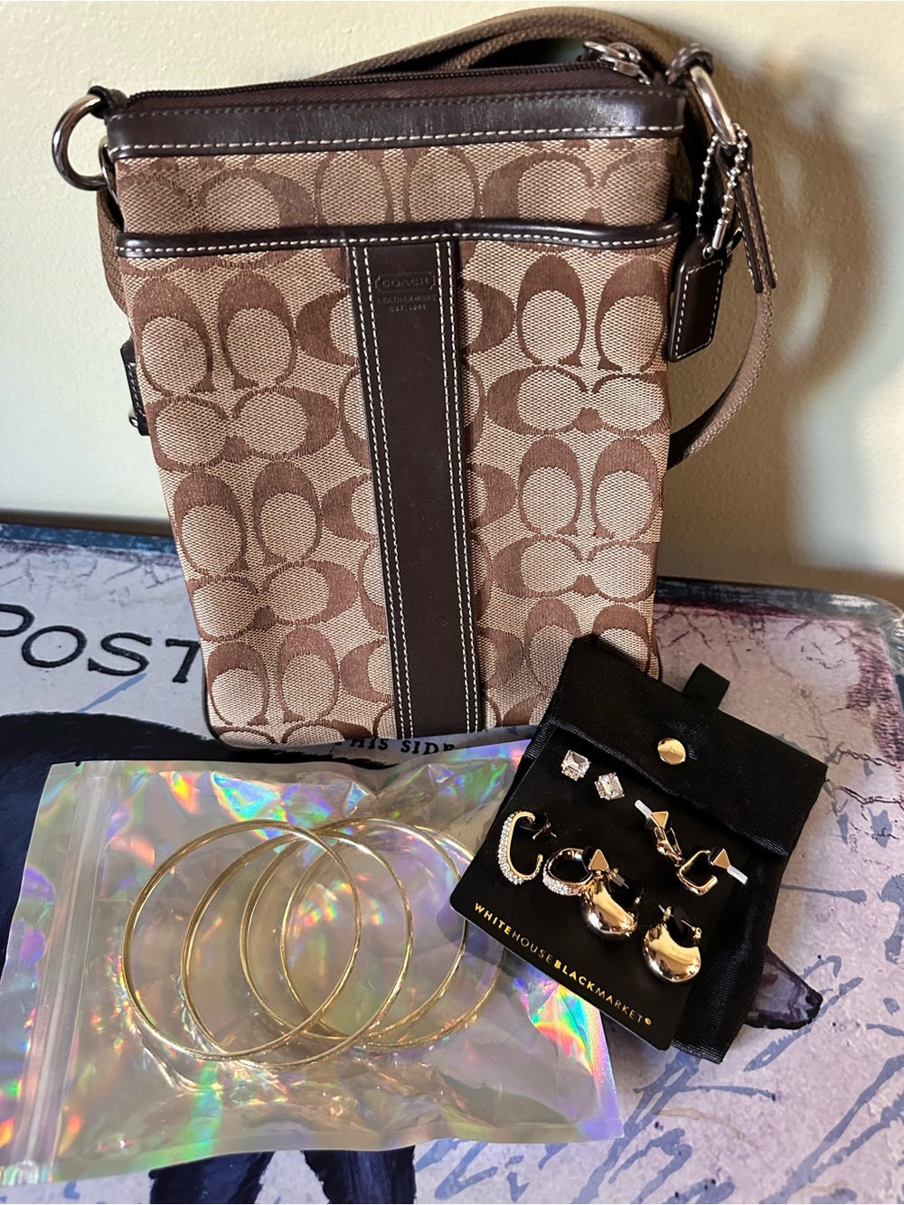 Coach cross body w White House Black Market Gold-Tone Mixed Earring and bangles